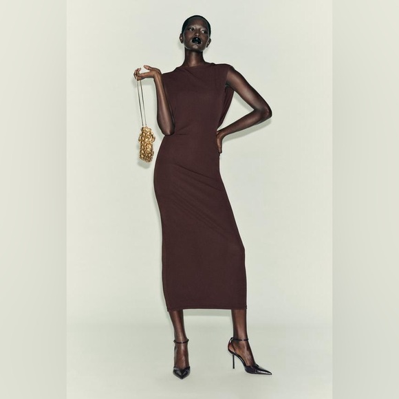 Zara Dresses & Skirts - Zara Chocolate Brown Flower Chain Open Back‎ Dress NWT